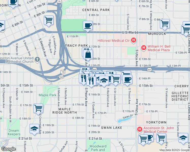 map of restaurants, bars, coffee shops, grocery stores, and more near 1411 South Quaker Avenue in Tulsa