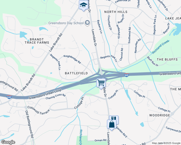 map of restaurants, bars, coffee shops, grocery stores, and more near 3227 Regents Park Lane in Greensboro
