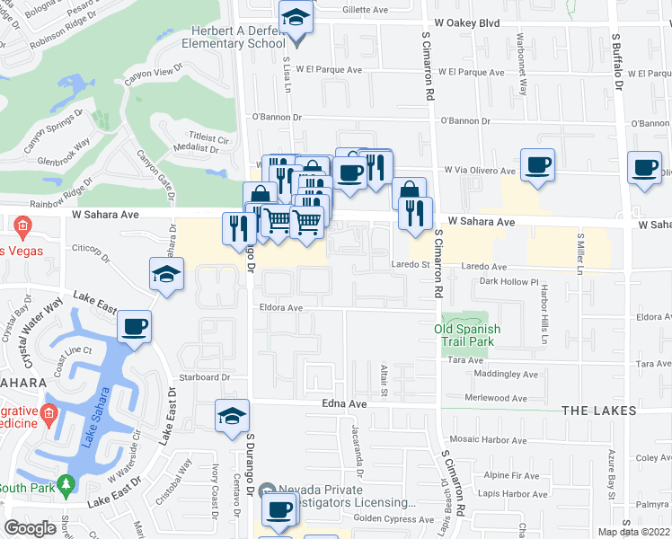 map of restaurants, bars, coffee shops, grocery stores, and more near 8455 West Sahara Avenue in Las Vegas