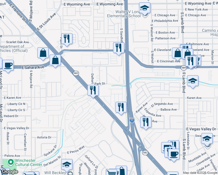 map of restaurants, bars, coffee shops, grocery stores, and more near 3706 Tijeras Avenue in Las Vegas