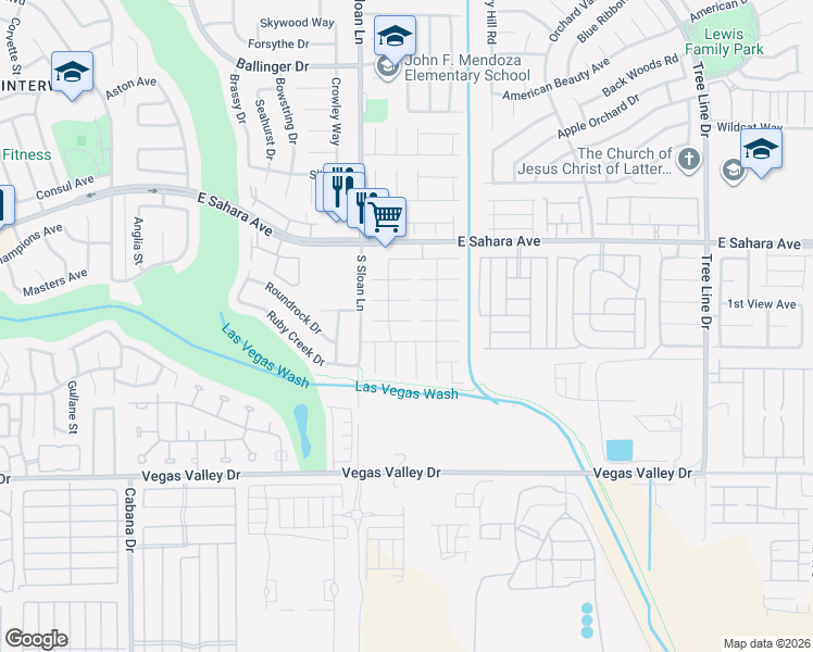 map of restaurants, bars, coffee shops, grocery stores, and more near 5881 East Rainbow Bridge Drive in Las Vegas