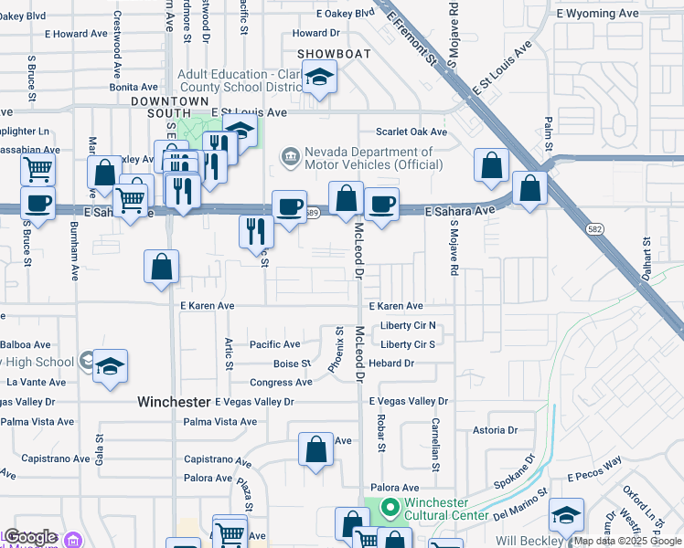 map of restaurants, bars, coffee shops, grocery stores, and more near 2601 McLeod Drive in Las Vegas