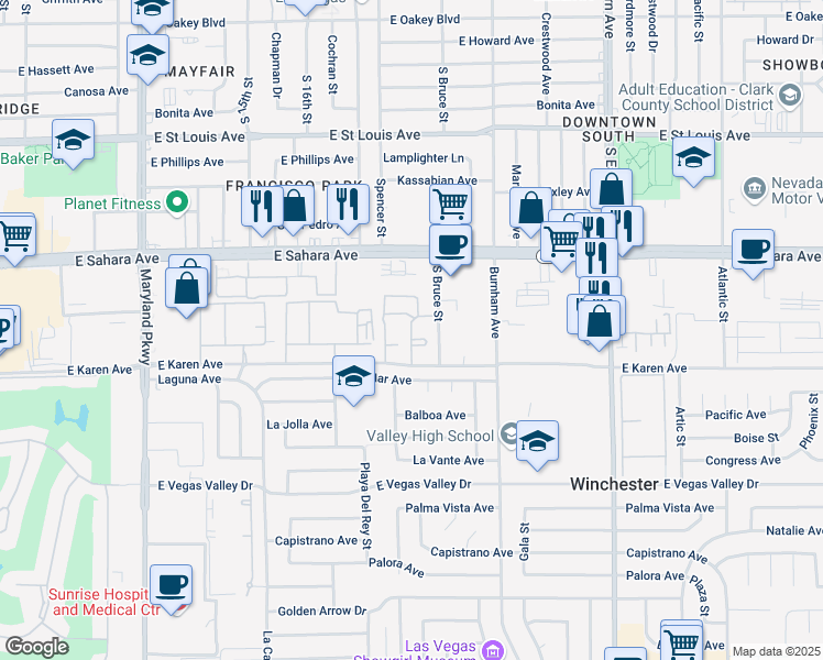 map of restaurants, bars, coffee shops, grocery stores, and more near 25 South Bruce Street in Las Vegas