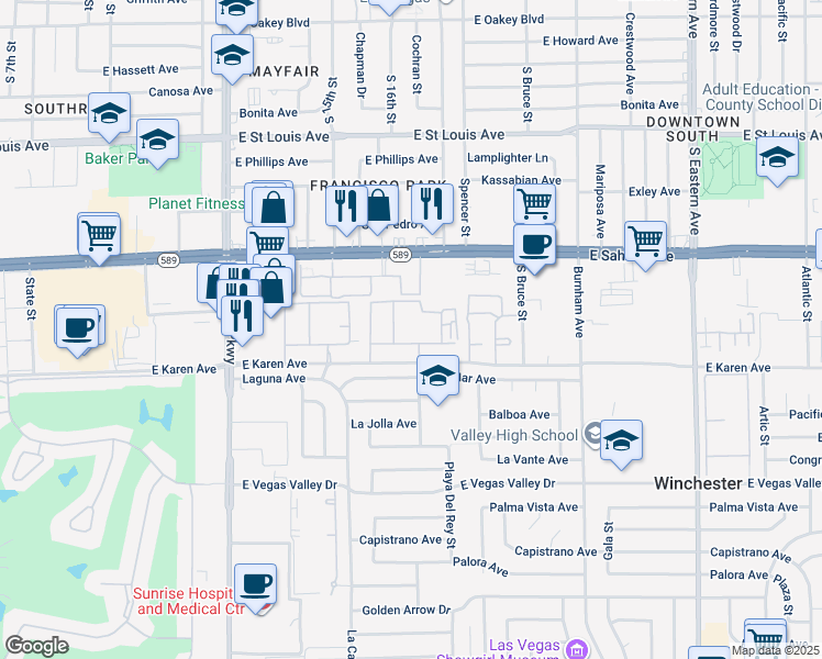 map of restaurants, bars, coffee shops, grocery stores, and more near 1875 Nevada 589 in Las Vegas