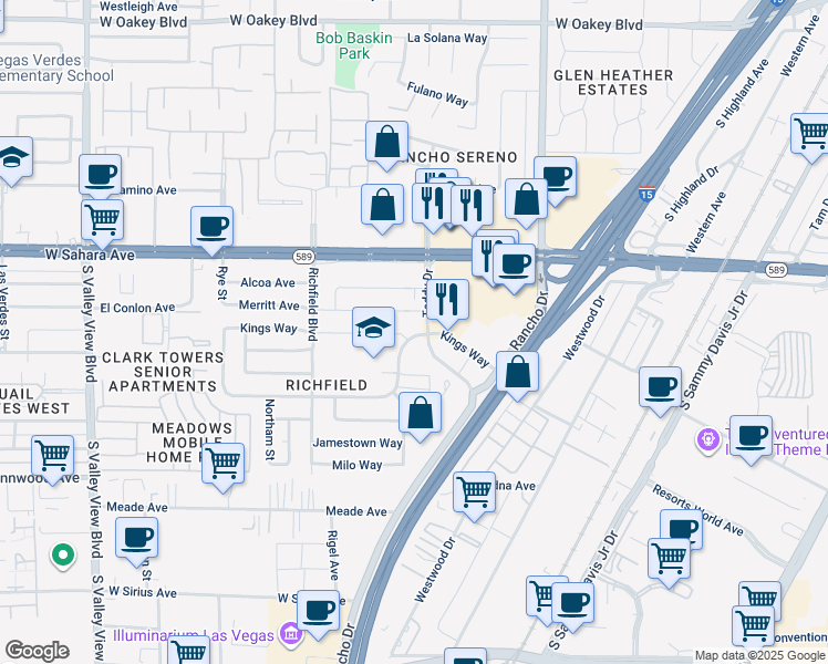 map of restaurants, bars, coffee shops, grocery stores, and more near 2701 Merritt Avenue in Las Vegas