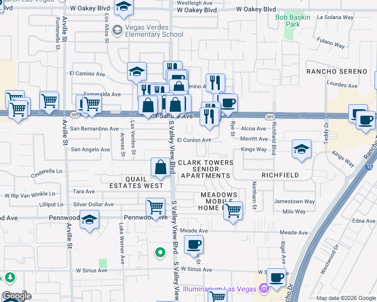 map of restaurants, bars, coffee shops, grocery stores, and more near 3601 El Conlon Avenue in Las Vegas
