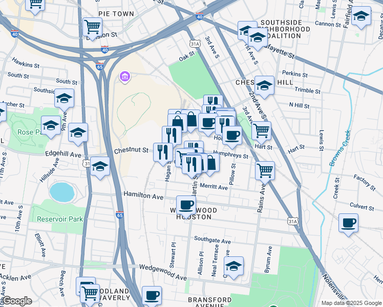 map of restaurants, bars, coffee shops, grocery stores, and more near 476 Humphreys Street in Nashville