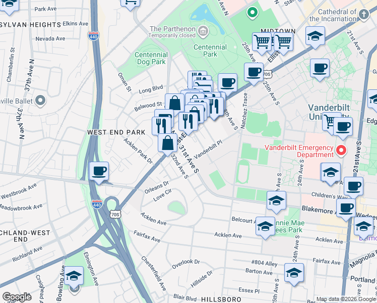 map of restaurants, bars, coffee shops, grocery stores, and more near 106 31st Avenue South in Nashville
