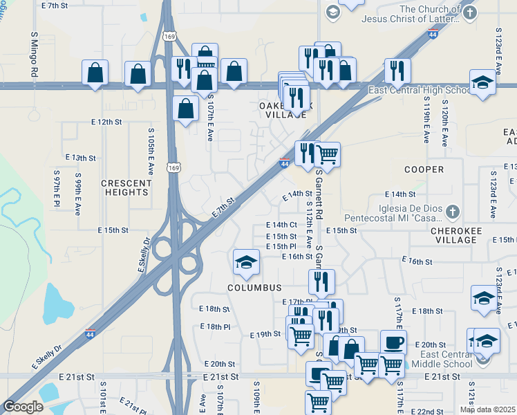 map of restaurants, bars, coffee shops, grocery stores, and more near 10903 East 13th Place in Tulsa