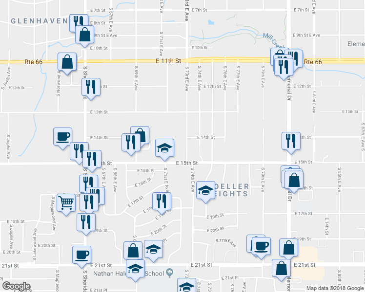 map of restaurants, bars, coffee shops, grocery stores, and more near 1404 South 73rd East Avenue in Tulsa