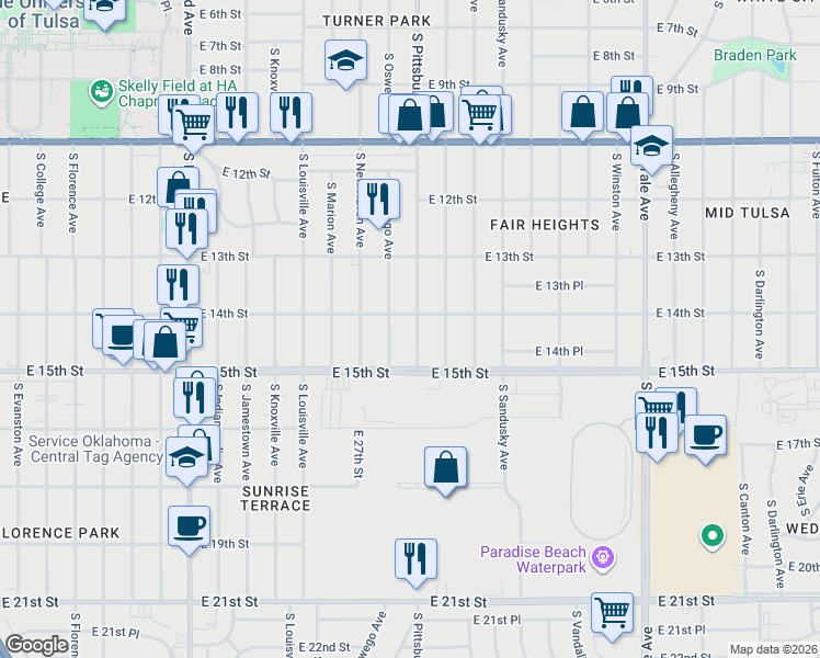 map of restaurants, bars, coffee shops, grocery stores, and more near 1345 South Pittsburg Avenue in Tulsa