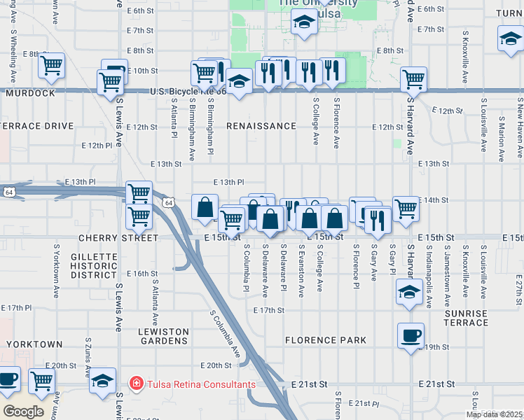 map of restaurants, bars, coffee shops, grocery stores, and more near 1347 South Delaware Avenue in Tulsa