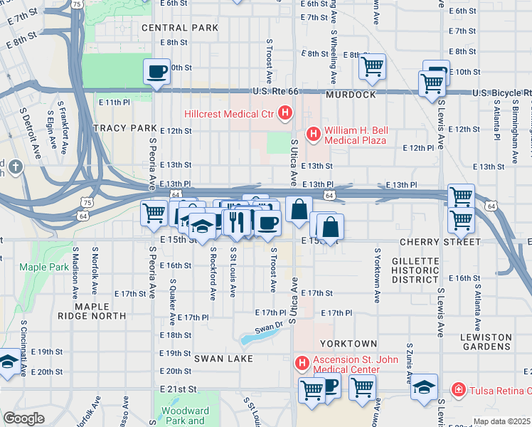 map of restaurants, bars, coffee shops, grocery stores, and more near 1404 East 14th Street in Tulsa