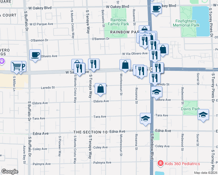map of restaurants, bars, coffee shops, grocery stores, and more near 2576 Belcastro Street in Las Vegas