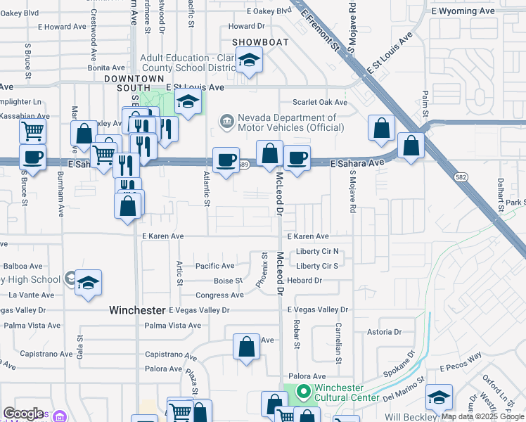 map of restaurants, bars, coffee shops, grocery stores, and more near 2896 Klinger Circle in Las Vegas