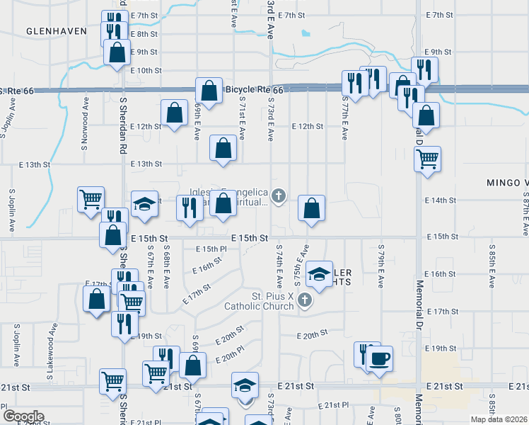 map of restaurants, bars, coffee shops, grocery stores, and more near 1404 South 73rd East Avenue in Tulsa