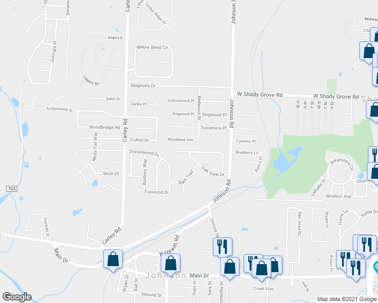 map of restaurants, bars, coffee shops, grocery stores, and more near 2601 Indian Oaks Trail in Springdale
