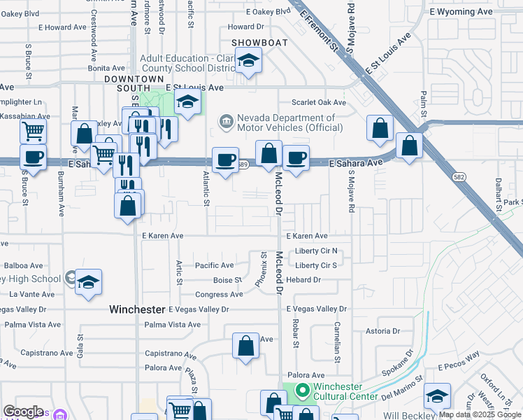 map of restaurants, bars, coffee shops, grocery stores, and more near 2896 Klinger Circle in Las Vegas
