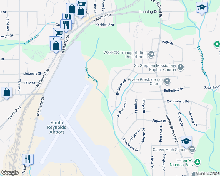map of restaurants, bars, coffee shops, grocery stores, and more near 2920 Bainbridge Drive in Winston-Salem