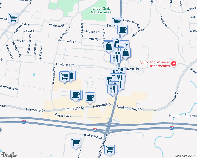 map of restaurants, bars, coffee shops, grocery stores, and more near 242 Scenic Drive in Cookeville