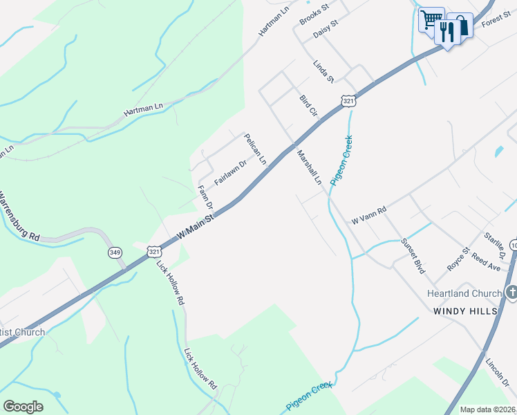 map of restaurants, bars, coffee shops, grocery stores, and more near 1913 West Main Street in Greeneville
