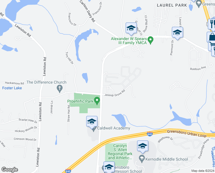 map of restaurants, bars, coffee shops, grocery stores, and more near Eight Belles Lane in Greensboro