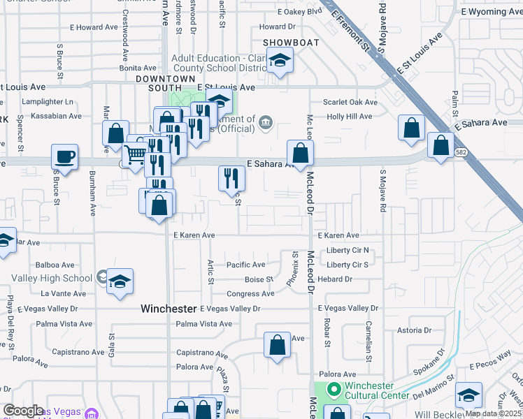 map of restaurants, bars, coffee shops, grocery stores, and more near 2722 Kline Circle in Las Vegas