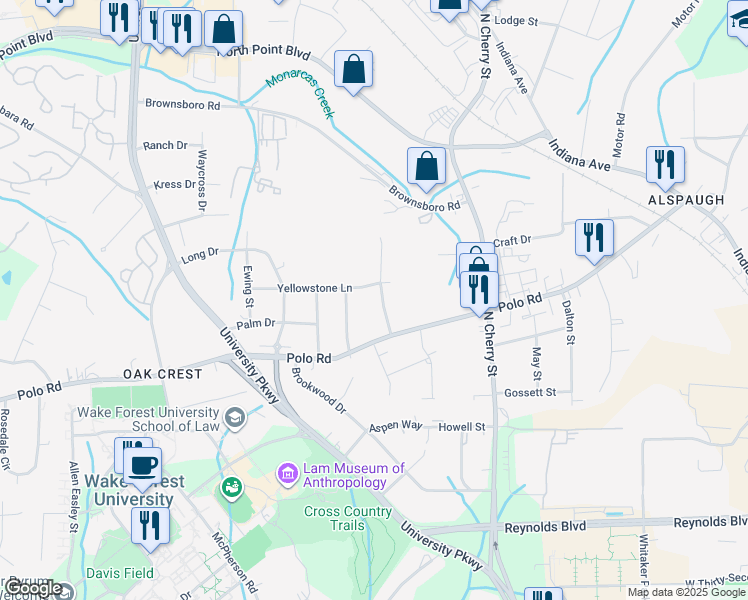 map of restaurants, bars, coffee shops, grocery stores, and more near 695 Yellowstone Lane in Winston-Salem