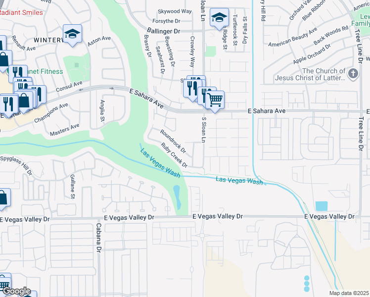 map of restaurants, bars, coffee shops, grocery stores, and more near 5726 Roundrock Drive in Las Vegas