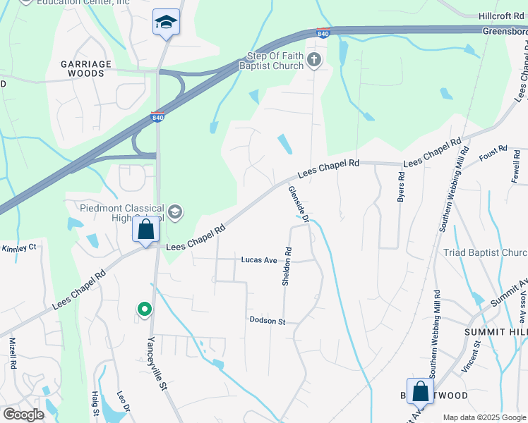 map of restaurants, bars, coffee shops, grocery stores, and more near 1604 Lees Chapel Road in Greensboro