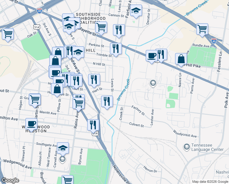 map of restaurants, bars, coffee shops, grocery stores, and more near 1284 Lewis Street in Nashville