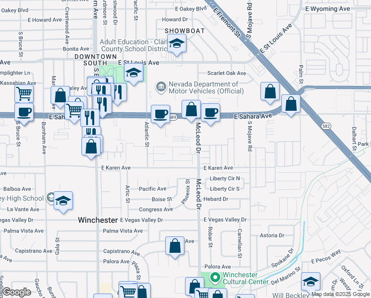 map of restaurants, bars, coffee shops, grocery stores, and more near 2975 East Sahara Avenue in Las Vegas