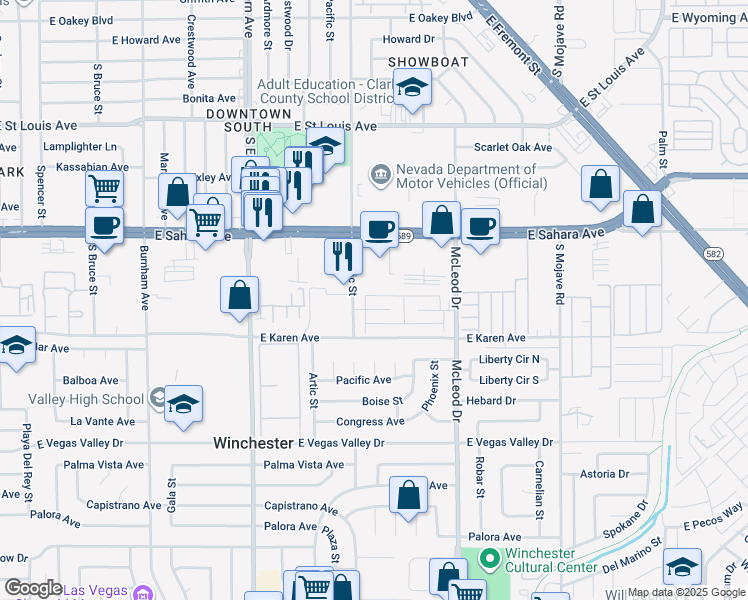 map of restaurants, bars, coffee shops, grocery stores, and more near 2722 Kline Circle in Las Vegas