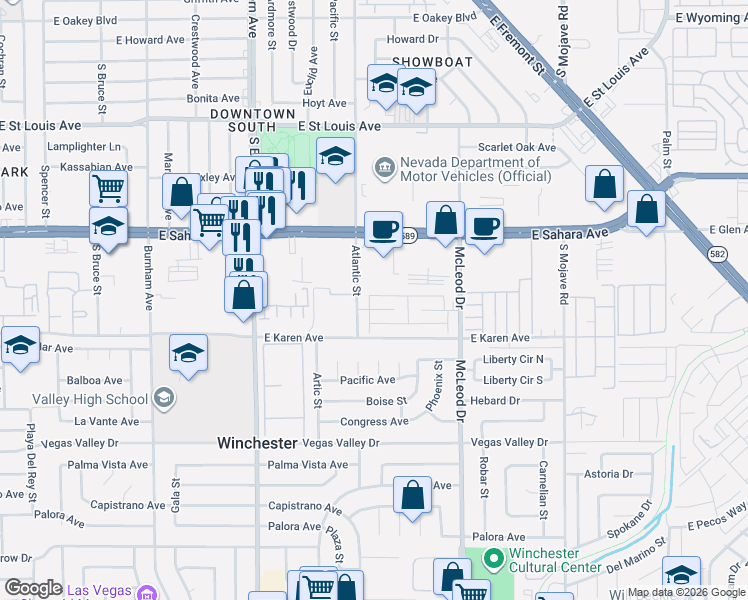 map of restaurants, bars, coffee shops, grocery stores, and more near 2722 Kline Circle in Las Vegas
