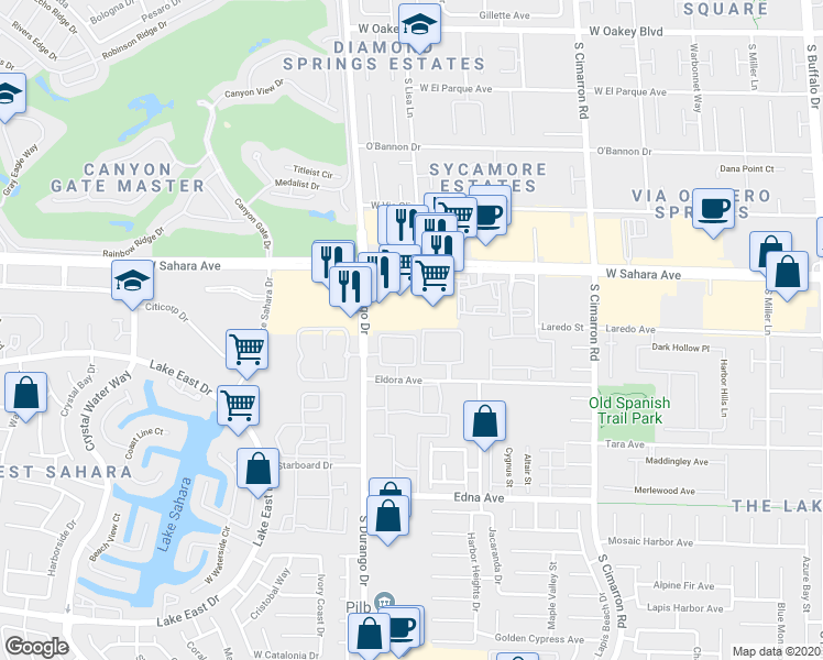 map of restaurants, bars, coffee shops, grocery stores, and more near 8485 West Sahara Avenue in Las Vegas