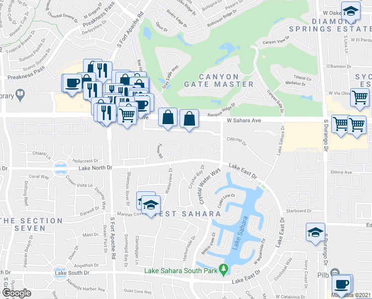 map of restaurants, bars, coffee shops, grocery stores, and more near 2704 Lodestone Drive in Las Vegas