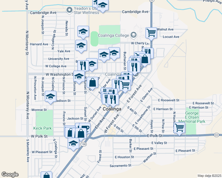 map of restaurants, bars, coffee shops, grocery stores, and more near 345 North 3rd Street in Coalinga