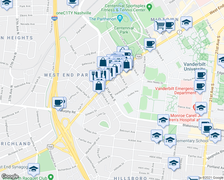 map of restaurants, bars, coffee shops, grocery stores, and more near 117 30th Avenue South in Nashville