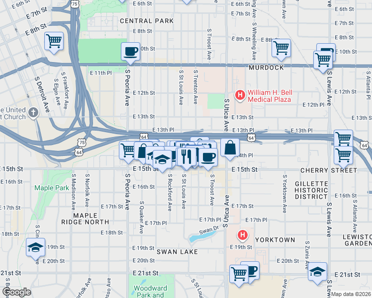 map of restaurants, bars, coffee shops, grocery stores, and more near South Trenton Avenue in Tulsa
