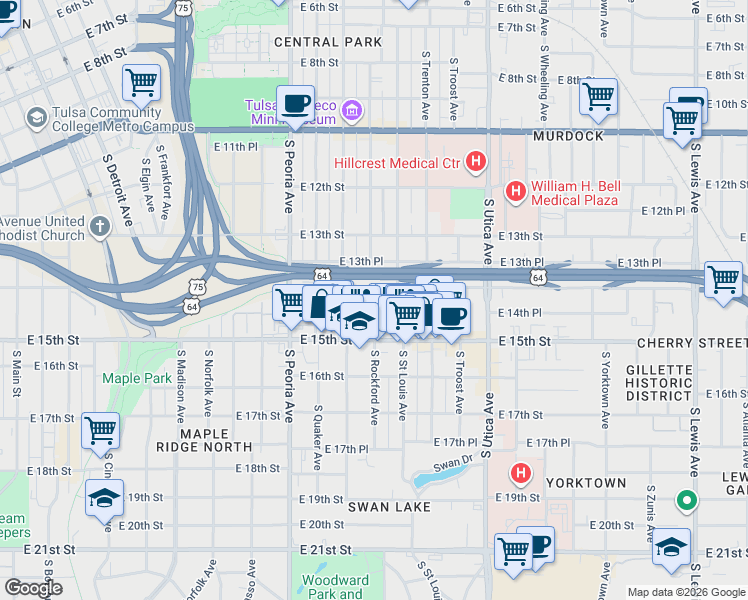 map of restaurants, bars, coffee shops, grocery stores, and more near 1508 East 14th Street in Tulsa