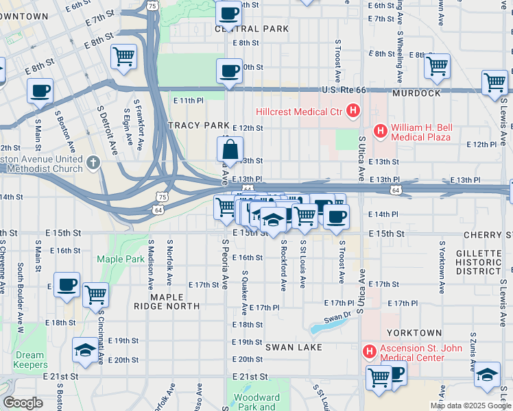 map of restaurants, bars, coffee shops, grocery stores, and more near 1410 East 14th Street in Tulsa