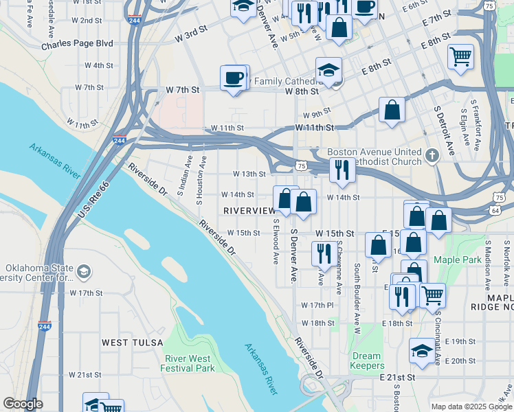map of restaurants, bars, coffee shops, grocery stores, and more near 324 West 14th Street in Tulsa