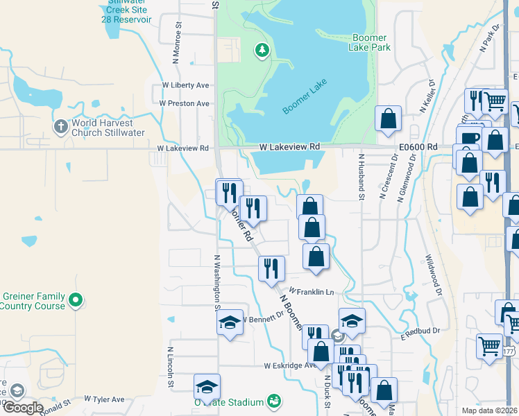 map of restaurants, bars, coffee shops, grocery stores, and more near 619 West Highpoint Drive in Stillwater