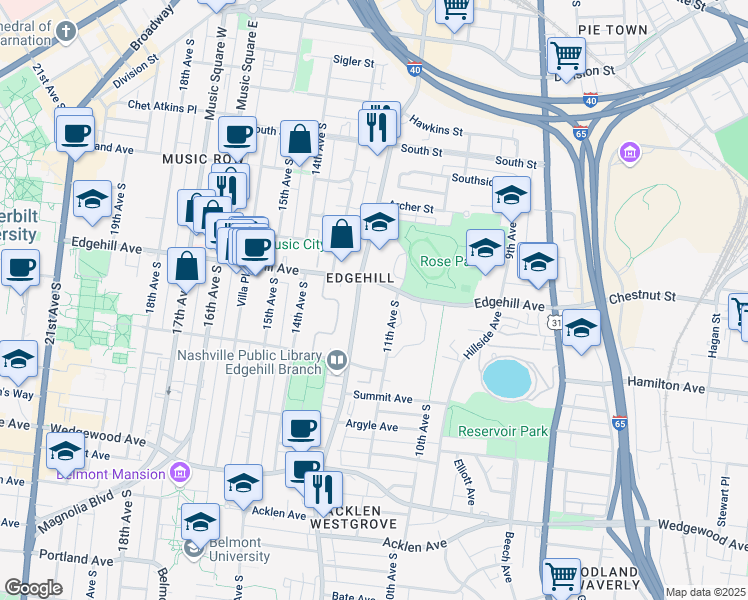 map of restaurants, bars, coffee shops, grocery stores, and more near 1101 Edgehill Avenue in Nashville