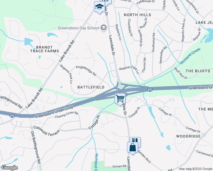 map of restaurants, bars, coffee shops, grocery stores, and more near 3227 Regents Park Lane in Greensboro