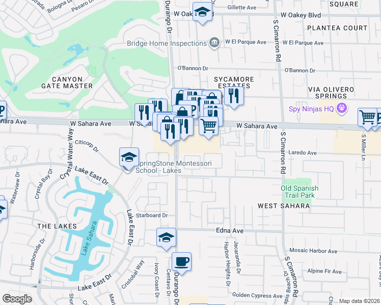 map of restaurants, bars, coffee shops, grocery stores, and more near 8555 West Sahara Avenue in Las Vegas