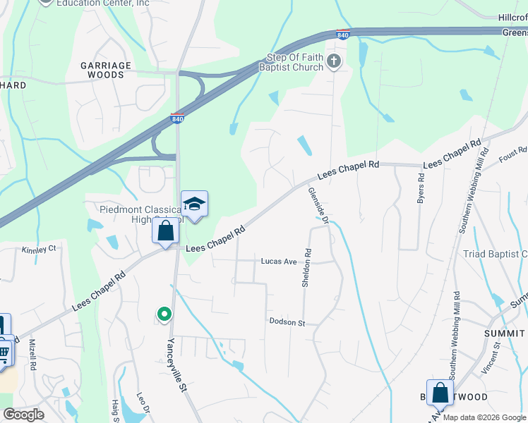 map of restaurants, bars, coffee shops, grocery stores, and more near 1513 Lees Chapel Road in Greensboro