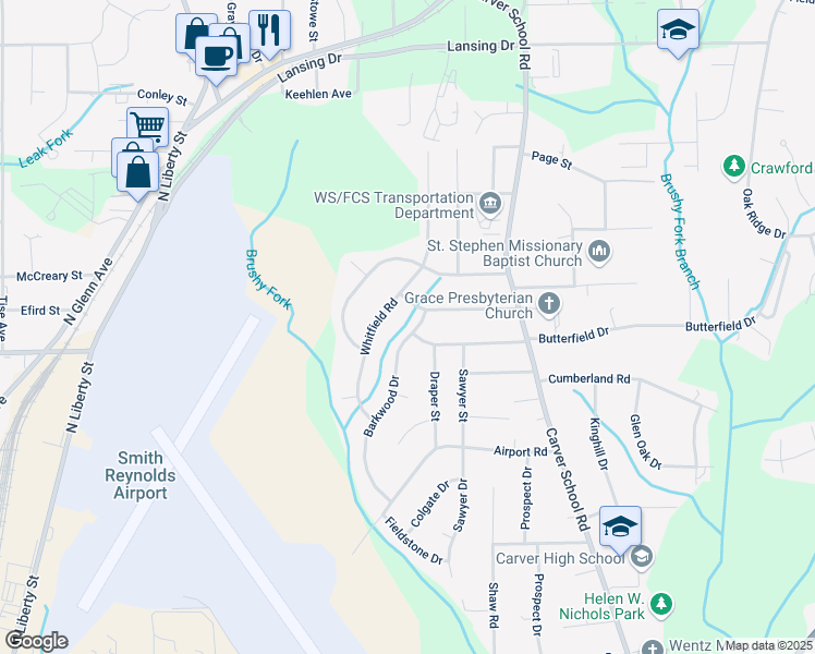 map of restaurants, bars, coffee shops, grocery stores, and more near 3861 Whitfield Road in Winston-Salem