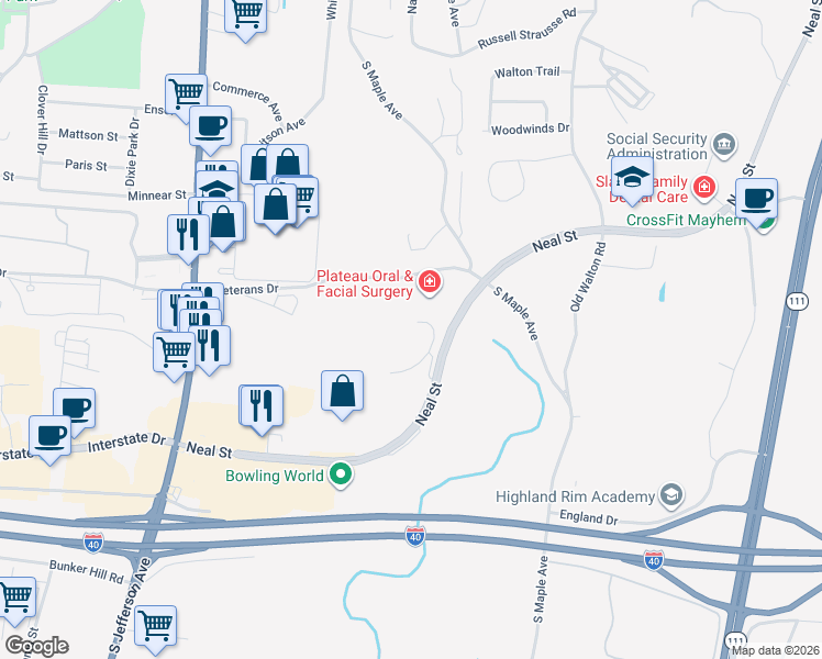 map of restaurants, bars, coffee shops, grocery stores, and more near 755 East Veterans Drive in Cookeville