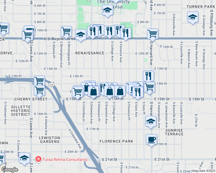 map of restaurants, bars, coffee shops, grocery stores, and more near 1407 South Evanston Avenue in Tulsa
